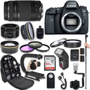 Canon EOS 6D Mark II DSLR Camera with Canon EF 75-300mm f/4-5.6 III Lens + Canon EF 50mm f/1.8 STM Lens + Fully Dedicated TTL Flash + 64Gb SDXC Card + FB-150 Flash Bracket (22 Items kit)