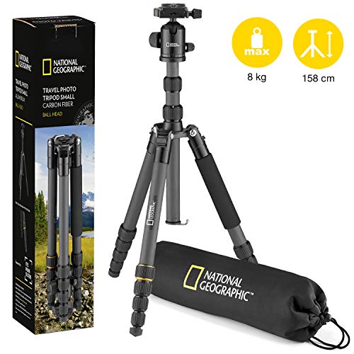 NATIONAL GEOGRAPHIC Travel Tripod Kit,90°Column 5-Section Legs, Carbon Fiber, Compatible with Canon, Nikon DSLR, Twist Locks 360 Degree Ball Head,Quick Release Plate, 8KG Load Capacity with Carry Bag