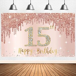 happy 15th birthday banner backdrop decorations for girls, rose gold 15 birthday party sign supplies, pink 15 year old birthday poster background photo booth props decor