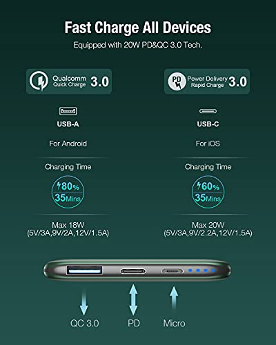 EnergyCell Portable Charger,20W PD&QC 3.0 10000mAh Slimmest Fast Charging Power Bank with USB C Input/Output Battery Pack Compatible with iPhone 12/X/XR Samsung S20/S10 and More