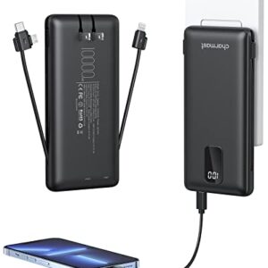 Charmast Portable Charger with Built-in Cables, 10000mah Power Bank, 5 Output Ultra Slim LED Display, Built-in AC Plug, USB C & Micro, Three Cables Integrated Battery Pack for iPhone Samsung iPad