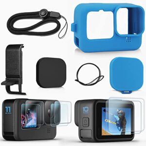 fitstill blue silicone sleeve case for go pro hero 11 hero 10 hero 9 black, battery side cover&screen protectors&lens caps&lanyard for go pro hero 11 /10 / 9 accessories kit
