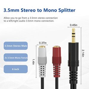 3.5mm Stereo to Dual Mono Cable, 2 Pack 6inch 1/8" TRS Male to 2 TS Mono Female Adapter Gold-Plated Connector Audio Y Splitter Cord for Headphone, Speaker