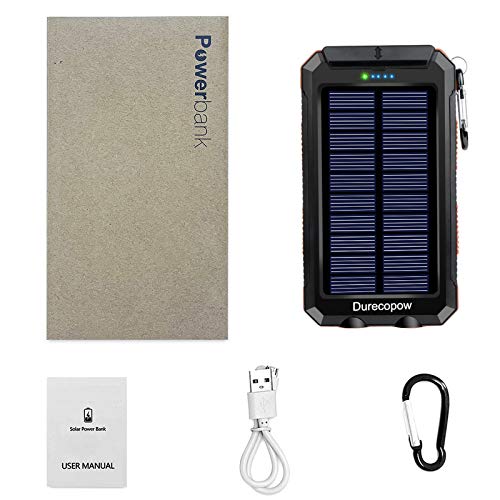 Solar Charger, Durecopow 20000mAh Portable Outdoor Waterproof Solar Power Bank, Camping External Backup Battery Pack Dual 5V USB Ports Output, 2 Led Light Flashlight with Compass (Orange)