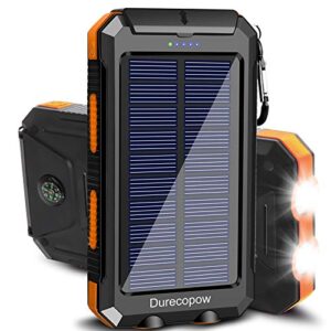 solar charger, durecopow 20000mah portable outdoor waterproof solar power bank, camping external backup battery pack dual 5v usb ports output, 2 led light flashlight with compass (orange)