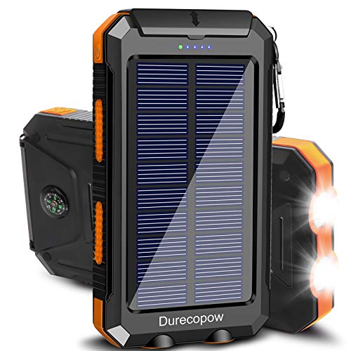 Solar Charger, Durecopow 20000mAh Portable Outdoor Waterproof Solar Power Bank, Camping External Backup Battery Pack Dual 5V USB Ports Output, 2 Led Light Flashlight with Compass (Orange)