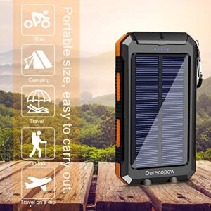 Solar Charger, Durecopow 20000mAh Portable Outdoor Waterproof Solar Power Bank, Camping External Backup Battery Pack Dual 5V USB Ports Output, 2 Led Light Flashlight with Compass (Orange)