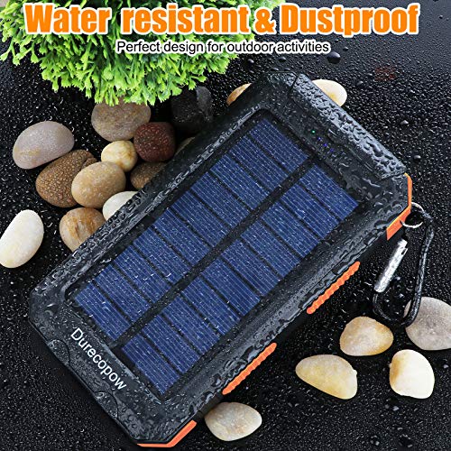 Solar Charger, Durecopow 20000mAh Portable Outdoor Waterproof Solar Power Bank, Camping External Backup Battery Pack Dual 5V USB Ports Output, 2 Led Light Flashlight with Compass (Orange)