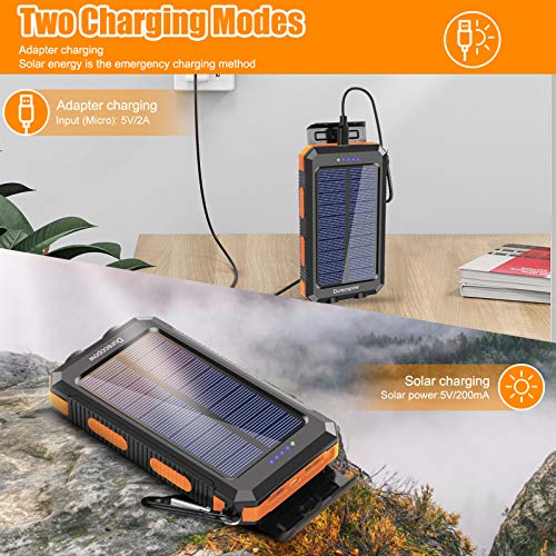 Solar Charger, Durecopow 20000mAh Portable Outdoor Waterproof Solar Power Bank, Camping External Backup Battery Pack Dual 5V USB Ports Output, 2 Led Light Flashlight with Compass (Orange)