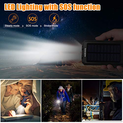 Solar Charger, Durecopow 20000mAh Portable Outdoor Waterproof Solar Power Bank, Camping External Backup Battery Pack Dual 5V USB Ports Output, 2 Led Light Flashlight with Compass (Orange)