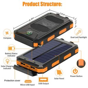 Solar Charger, Durecopow 20000mAh Portable Outdoor Waterproof Solar Power Bank, Camping External Backup Battery Pack Dual 5V USB Ports Output, 2 Led Light Flashlight with Compass (Orange)