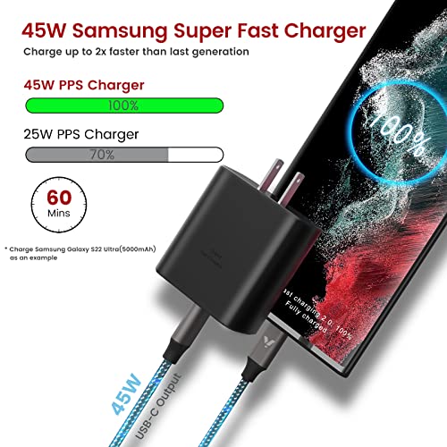 S23 S22 Ultra Charger, 45W USB-C Super Fast Charger Type C PPS/PD Wall Charging Block for Samsung Galaxy S23 Ultra/S23+/S22 Ultra/S22 Plus/S22/S21/S20 Ultra/Note 10+, Galaxy Tab 8(6.6ft Cable, Black)