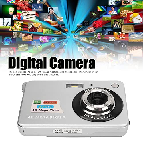 4K Digital Camera with 2.7in LCD Display, 48MP 8X Zoom Digital Camera, Anti Shake Vlogging Camera for Photography Continuous Shooting, with Fill Light (Silver)