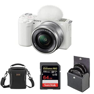 sony zv-e10 mirrorless camera with 16-50mm lens, white bundle with 64gb sd memory card, shoulder bag, 40.5mm filter kit