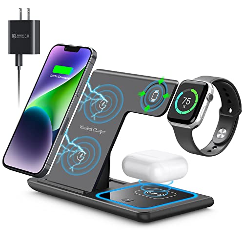 Wireless Charger,MILDILY 3 in 1 Wireless Charging Station for Apple iPhone/iWatch/Airpods,iPhone 13,12,11 (Pro, Pro Max)/XS Max/XR/XS/X/8(Plus),iWatch 7/6/SE/5/4/3/2,AirPods 3/2/pro（Black）