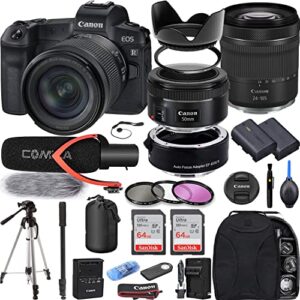 camera bundle for canon eos r mirrorless camera with rf 24-105mm f/4-7.1 is stm, ef 50mm f/1.8 stm lens + mount adapter ef-eos r, extra battery, pro microphone + accessories kit (renewed)