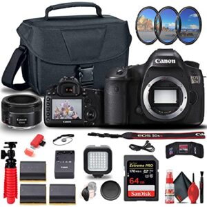 canon eos 5ds dslr camera (body only) (0581c002) + canon ef 50mm lens + 64gb card + case + filter kit + corel photo software + 2 x lpe6 battery + card reader + led light + flex tripod + more (renewed)