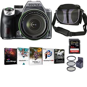pentax k-70 dslr with smc da 18-135mm f/3.5-5.6 ed al cd wr lens, silver bundle with corel pc photo editing software, bag, 64gb sd card, filter kit