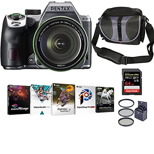 Pentax K-70 DSLR with SMC DA 18-135mm f/3.5-5.6 ED AL CD WR Lens, Silver Bundle with Corel PC Photo Editing Software, Bag, 64GB SD Card, Filter Kit