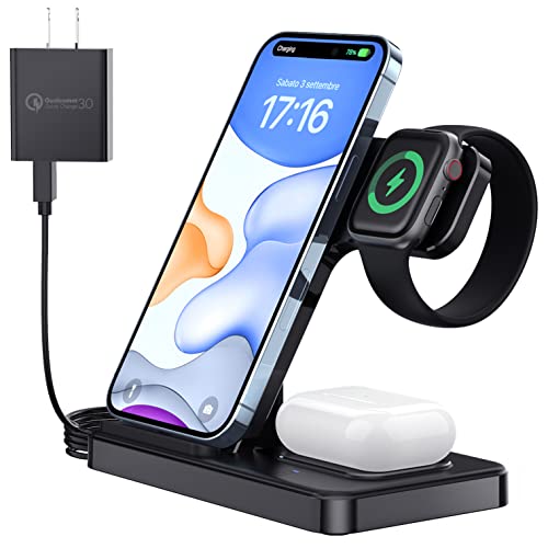 ImmSss Wireless Charger 3 in 1, 15W Fast Charging Station Compatible with Apple iWatch 8/Ultra/7/6/SE/5/4/3/2/1,AirPods 3/2/1/Pro,iPhone14/13 Pro/Pro Max/12/11/X/Xr/Xs/8 Plus/Galaxy Phone Series