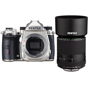pentax k-3 mark iii aps-c-format dslr camera body, silver hd da 55-300mm f/4.5-6.3 ed plm wr re telephoto zoom lens