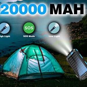 Solar Charger Power Bank 20000mAh, Portable Solar Pone Charger with Compass,Carabiner, Whistle,Flashlights,Solar Panel Charger,Camping Gear Accessory (Blue)