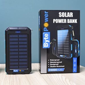 Solar Charger Power Bank 20000mAh, Portable Solar Pone Charger with Compass,Carabiner, Whistle,Flashlights,Solar Panel Charger,Camping Gear Accessory (Blue)