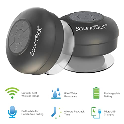 Soundbot SB510 Bluetooth Shower Speaker HD Water Resistant Bathroom Speakers, Handsfree Portable Speakerphone with Built-in Mic, 6hrs of Playtime, Control Buttons and Dedicated Suction Cup (Black)