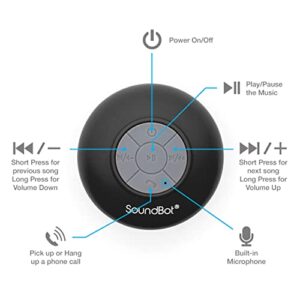 Soundbot SB510 Bluetooth Shower Speaker HD Water Resistant Bathroom Speakers, Handsfree Portable Speakerphone with Built-in Mic, 6hrs of Playtime, Control Buttons and Dedicated Suction Cup (Black)