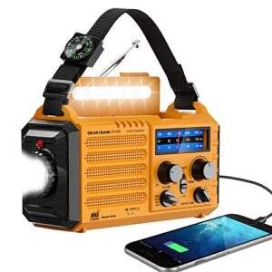 emergency radio with noaa weather alert, portable solar hand crank am fm shortwave radio for survival,rechargeable battery powered radio,usb charger,flashlight,reading lamp,sos alarms for home outdoor
