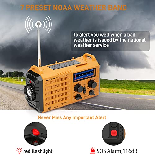 Emergency Radio with NOAA Weather Alert, Portable Solar Hand Crank AM FM Shortwave Radio for Survival,Rechargeable Battery Powered Radio,USB Charger,Flashlight,Reading Lamp,SOS Alarms for Home Outdoor