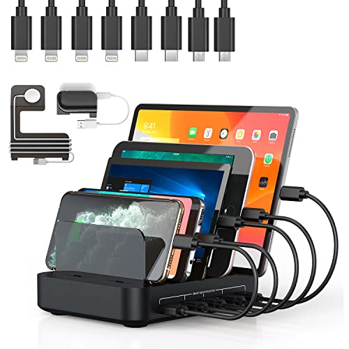 Charging Station for Multiple Devices, 5 in 1 Multi USB Charger Station with iWatch & Airpod Stand and 8 Mixed Short Cables, 50W Charging Dock Compatible with iPhone, iPad, Cell Phone, Tablets