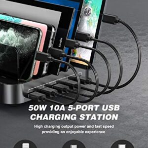 Charging Station for Multiple Devices, 5 in 1 Multi USB Charger Station with iWatch & Airpod Stand and 8 Mixed Short Cables, 50W Charging Dock Compatible with iPhone, iPad, Cell Phone, Tablets