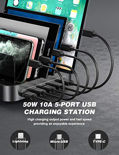 Charging Station for Multiple Devices, 5 in 1 Multi USB Charger Station with iWatch & Airpod Stand and 8 Mixed Short Cables, 50W Charging Dock Compatible with iPhone, iPad, Cell Phone, Tablets