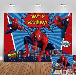 red spider web blue stripe photography backdrop 7x5ft vinyl super cityscape photo background baby boys girls happy birthday supplies superhero party banner cake table decorations photo booths