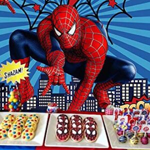 Red Spider Web Blue Stripe Photography Backdrop 7x5ft Vinyl Super Cityscape Photo Background Baby Boys Girls Happy Birthday Supplies Superhero Party Banner Cake Table Decorations Photo Booths