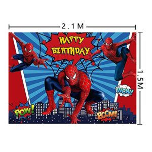 Red Spider Web Blue Stripe Photography Backdrop 7x5ft Vinyl Super Cityscape Photo Background Baby Boys Girls Happy Birthday Supplies Superhero Party Banner Cake Table Decorations Photo Booths