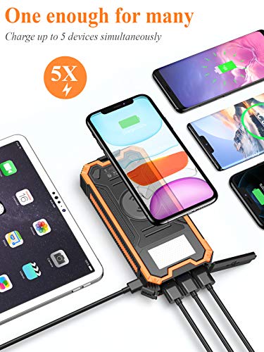 MINRISE Wireless Portable Charger, QC3.0 20W Power Bank Fast Charging 30000mAh Solar Charger, Battery Bank with Strong Flashlight, External Battery Pack Compatible with iPhone, Samsung, iPad, etc.