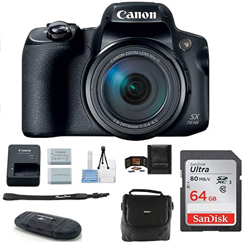 The PowerShot SX70 HS Digital Camera Bundle, Includes: 64GB SDXC Class 10 Memory Card + Spare Battery + Camera Bag + More. (Renewed)