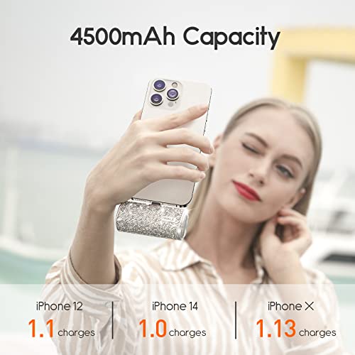 iWALK Small Portable Charger Power Bank 4500mAh Ultra-Compact Cute Shiny Battery Pack Compatible with iPhone 14/14 Plus/14 Pro Max/13/13 Mini/13 Pro Max/12/12 Mini/12 Pro/11/XR/XS/X/8/7/6, Silver