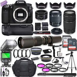 canon eos 90d dslr camera w/ 18-55mm lens bundle + canon 75-300mm iii lens, canon 50mm f/1.8 & 500mm preset lens + camera case + 96gb memory + battery grip + speedlight flash + professional bundle