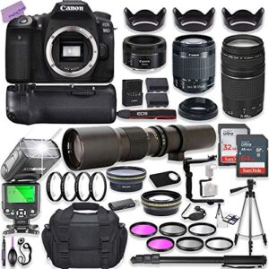 Canon EOS 90D DSLR Camera w/ 18-55mm Lens Bundle + Canon 75-300mm III Lens, Canon 50mm f/1.8 & 500mm Preset Lens + Camera Case + 96GB Memory + Battery Grip + Speedlight Flash + Professional Bundle