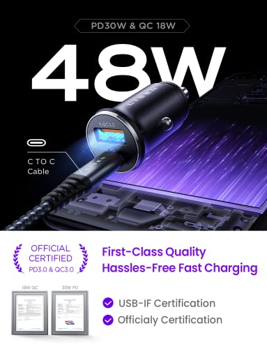 48W USB C Car Charger All Metal Fast USB Car Charger Adapter with 60W 3.3ft Nylon Braided Type C Cable LISEN Compact Cigarette Lighter USB Charger PD&QC3.0 Dual Port for Samsung S22/Pixel/Android/iPad