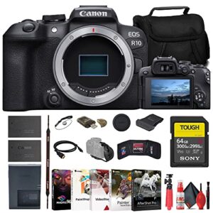 canon eos r10 mirrorless camera (5331c002) + sony 64gb tough sd card + bag + charger + lpe17 battery + card reader + corel photo software + hdmi cable + flex tripod + hand strap + more (renewed)