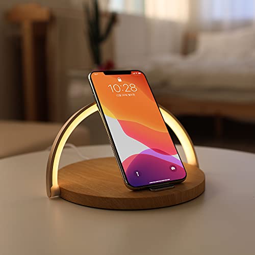 mooas Modern Simple Wireless Charging Nightlight (Wood), Max.15W Fast Wireless Charger, Touch Control, 3-Level Brightness, for Galaxy S10/S20/Note 10, iPhone X/11/11 Pro, Airpods 2, LG V50/G7/G8