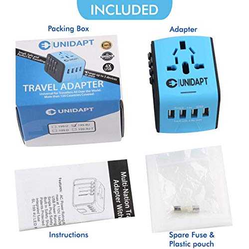 Unidapt Universal Travel Adapter, International Plug Adapter Fast 2,4A 4-USB European Power Plug, AC Wall Charger – Worldwide Outlet for Europe US USA UK EU AUS, Blue