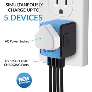 Unidapt Universal Travel Adapter, International Plug Adapter Fast 2,4A 4-USB European Power Plug, AC Wall Charger – Worldwide Outlet for Europe US USA UK EU AUS, Blue