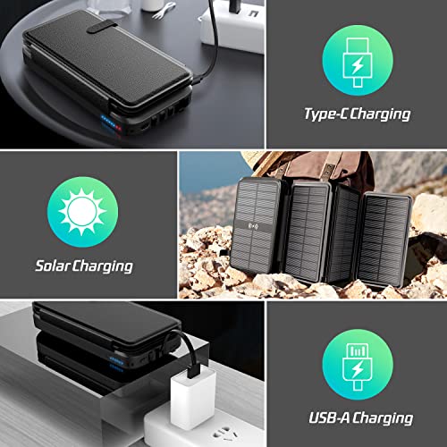 Solar Charger, Power-Bank, Portable Charger,43800mAh QC3.0 Fast Charging Qi 10W Wireless Charger 4 Solar Panel Built-in 2 Kinds Output Cable and 680Lumen Bright flashlights