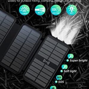 Solar Charger, Power-Bank, Portable Charger,43800mAh QC3.0 Fast Charging Qi 10W Wireless Charger 4 Solar Panel Built-in 2 Kinds Output Cable and 680Lumen Bright flashlights