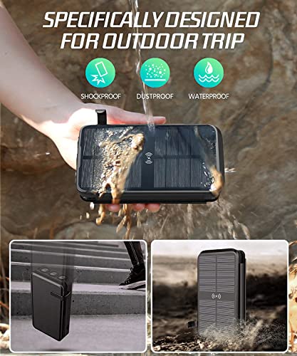 Solar Charger, Power-Bank, Portable Charger,43800mAh QC3.0 Fast Charging Qi 10W Wireless Charger 4 Solar Panel Built-in 2 Kinds Output Cable and 680Lumen Bright flashlights